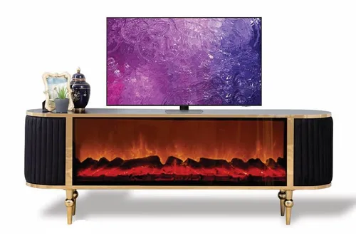 Schwarzes TV-Lowboard mit Designer Kamin - Modernes TV-Möbel in Schwarz, 160 x 40 x 58 cm, bietet stilvollen Stauraum und ist ideal für Ihr Wohnzimmer. Hochwertiges Holz und zeitgemäßes Design garantieren eine elegante Atmosphäre.