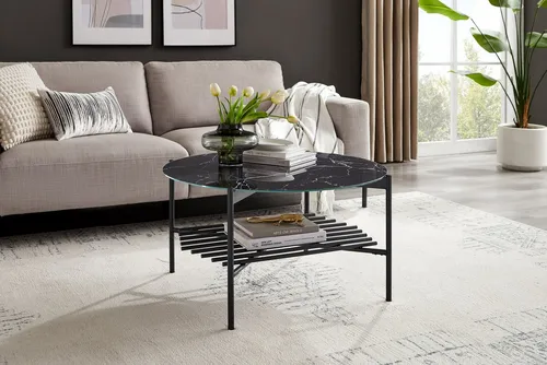 Couchtisch SALESFEVER, Schwarz, 84 cm rund mit Marmoroptik - Couchtische mit eleganter Glasplatte in Marmoroptik und stabiler Metallkonstruktion, ideal für stilvolle Wohnzimmergestaltung. Pflegeleicht und einfach montierbar.