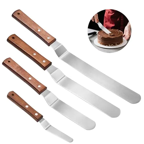 Winkelpalette Torte, 4-teiliges Torten Winkelpalette mit Holzgriff, Icing Spachtel, Edelstahl Tortenspachtel zum Dekorieren von Kuchen, Fondant und Backzubehör (4/6/8/10 Zoll), Silberfarben