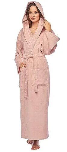 Arus Damen-Bademantel mit Kapuze, knöchellang, Baumwolle, L-XL Lang, Altrosa