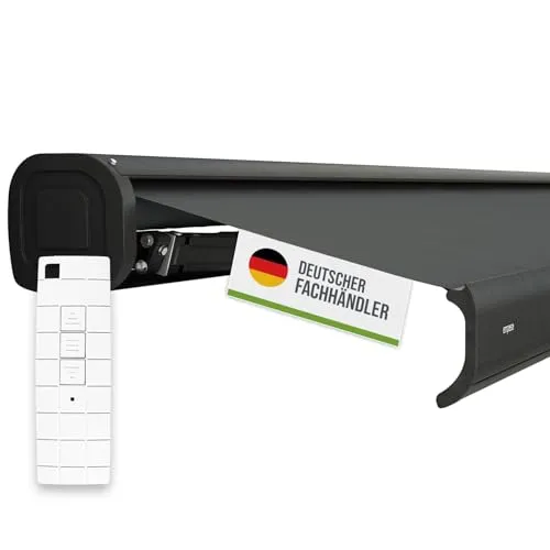empasa Elektrische Kassettenmarkise 'Classic' - Markise für zuverlässigen Sonnenschutz auf Knopfdruck, komplett vormontiert mit stabilem Aluminium-Gehäuse und wetterfestem Markisentuch für lange Lebensdauer.