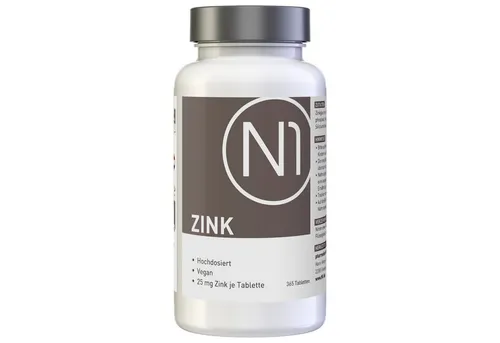 N1 ZINK 25mg - 365 vegane Tabletten für das ganze Jahr - Praktischer Jahresvorrat an N1 ZINK 25mg Tabletten, vegan und frei von Zusatzstoffen. Ideal zur Unterstützung der täglichen Ernährung und für kognitive Fähigkeiten.