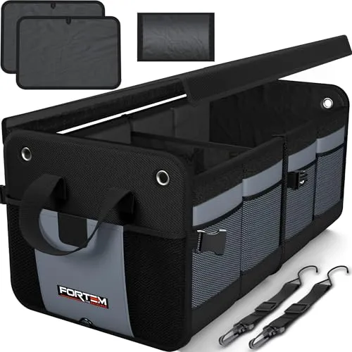 FORTEM Kofferraum Organizer, Kofferraumtasche, Zusammenklappbarer Auto Organizer Kofferraum mit Fächern, Rutschfester Boden, Verstellbare Sicherungsriemen, Klappbarer Deckel (Grau, Groß)