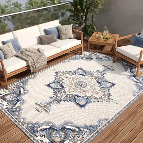 TAPISO Patio Teppich Outdoor Indoor Grau Blau Creme Ornament Muster Sisal Wasserfest Wetterfest UV-Beständig Wohnzimmer Terrasse ÖKO-TEX 120 x 170 cm