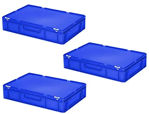 BRB 3x Eurobehälter mit Deckel, PE-HD, LxBxH 600x400x130 mm, 23 Liter (blau)