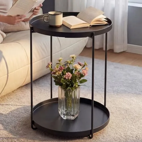 doporro Beistelltisch rund Schwarz, 35 cm mit 2 abnehmbaren Ablagen