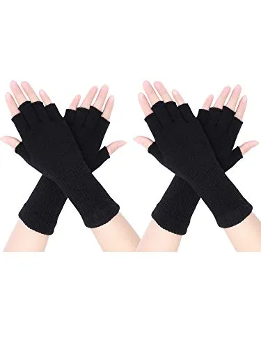 Pangda 2 Paar Unisex Fingerlose Handschuhe - Half Finger Dehnbar Strick Verlängern Handgelenk Winter Warme Handschuhe (Schwarz)