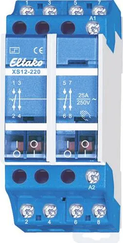 Eltako XS12-220-230V Stromstoßschalter mit 2 Schließern - Stromstoßschalter für Reiheneinbau, 25A/250V AC, ideal für effiziente Steuerung von Beleuchtung und Geräten in modernen Installationen.