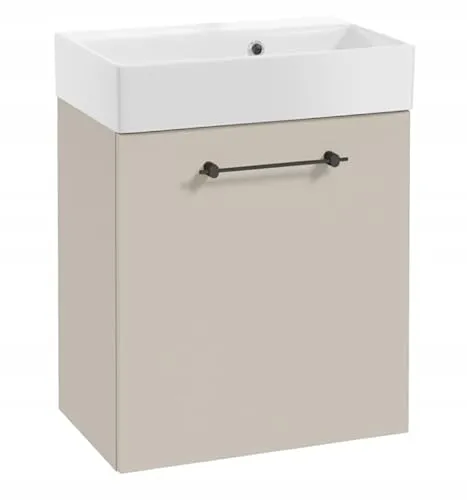 DomoDomo - Waschbeckenunterschrank 60 cm breit Hängend – Bad Unterschrank Kaschmir Matt – Mit Waschbecken, Soft Close – Badezimmermöbel für kleine Bäder, Schwarzer Griff