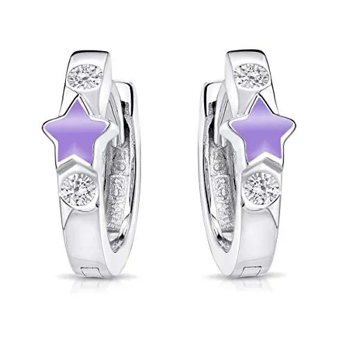 MATERIA Kinderohrringe Mädchen SO-401-Lila - Ohrringe für Mädchen mit bunten Sternchen und funkelnden Zirkonia, aus hautfreundlichem Sterling Silber. Ideal für kleine Kinder, sicher und angenehm zu tragen. Perfekt als Geschenk zu besonderen Anlässen!