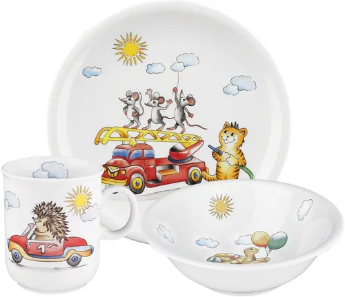Seltmann Weiden Kindergeschirrset Compact - 3-teiliges Kindergeschirrset aus hochwertigem Porzellan, spülmaschinen- und mikrowellenfest, mit bunten Designs für fröhliche Mahlzeiten.