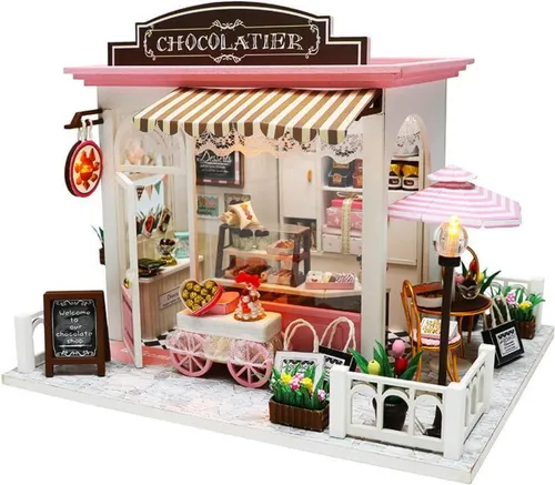 Habarri | Miniaturhaus - DIY-Puppenhaus - Holzhaus mit Möbeln und LED-Beleuchtung - Geschenk für Kinder - Die Konditorei um die Ecke