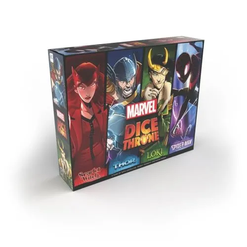 USAopoly Marvel Dice Throne: 4-Hero Box - Spiderman, Scarlet Witch, Loki, Thor - Gesellschaftsspiel für 2-6 Spieler ab 8 Jahren. Tauche ein in die Welt der Marvel-Helden mit einzigartigen Fähigkeiten und strategischem Würfelspiel. Ideal für spannende Spielabende!