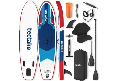 TecTake Stand-Up Paddle Board 2in1 aufblasbar - Komplettset rot/blau - Erlebe unvergessliche Abenteuer auf dem Wasser mit dem aufblasbaren SUP-Board von tectake. Stabil, vielseitig und mit rutschfester Oberfläche für sicheren Halt – ideal für jedes Paddelerlebnis!