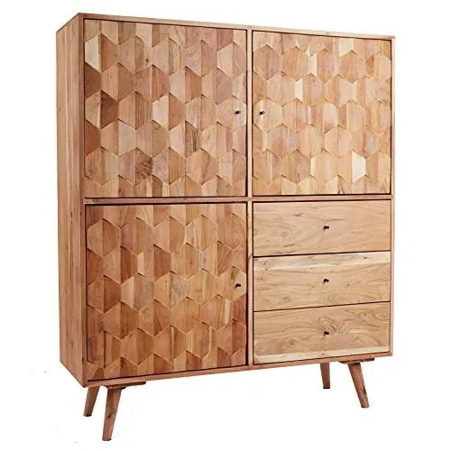 invicta INTERIOR Massives Highboard Mystic Living 140cm Akazie Natur 3D Oberfläche Hochschrank Wohnzimmerschrank