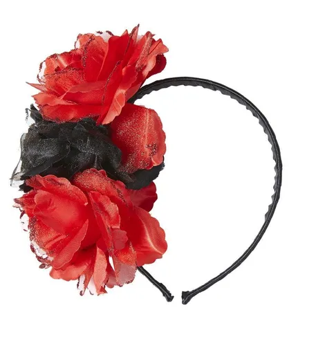 Haarreif mit 3 schwarzen und roten Rosen glitter Dia de los Muertos Fasching