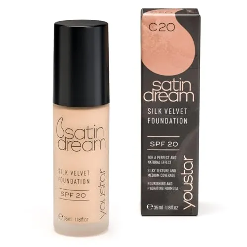 youstar SATIN DREAM Foundation, Feuchtigkeitsspendende Make-up-Grundlage, mittlerer bis hoher Deckkraft, für einen seidig glatten Teint, cremefarbene Textur, natürlich, für unregelmäßige Haut (C20)