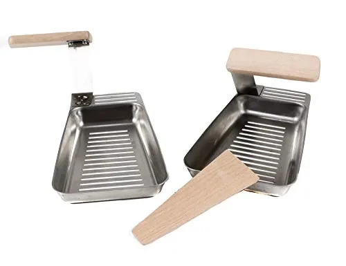 BBQ 2 Grill-Pfannen, Heber mit Holz-Griff, Holz-Spatel, Edelstahl, Gemüsekorb für kleineres Grillgut, ca. 17,8 x 11,5 x 2 cm