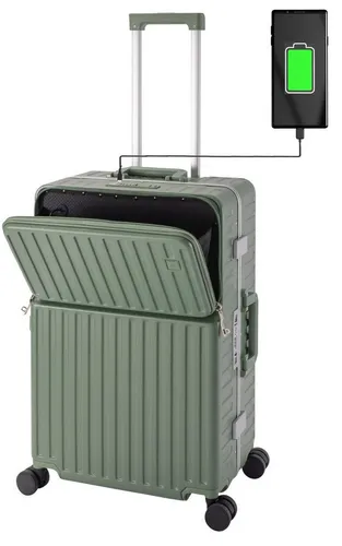 Travelhouse Hartschalen-Trolley Roma mit USB und Getränkehalter - Koffer mit Aluminium-Rahmen und kratzunempfindlicher Polycarbonat-Hartschale, ausgestattet mit USB-Anschluss und einklappbarem Getränkehalter für komfortables Reisen.