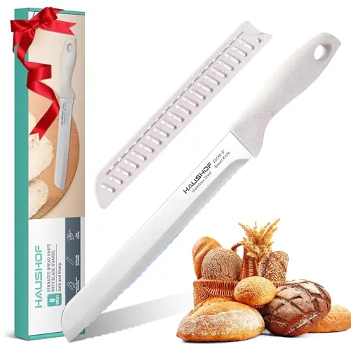 HAUSHOF Brotmesser mit Wellenschliff, 20 cm Klinge rostfreier Edelstahl, Leichtes Küchenmesser mit komfortablem Mischgriff aus PP & Stroh, ideal zum Schneiden von Brot, Bagels, Kuchen