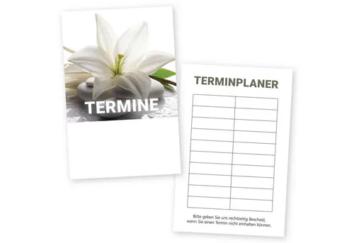cosmeticPlus Terminplaner für Wellness & Massage - Terminkarten für 5-10 Termine - Praktische Terminkarten im eleganten Orchideen-Design, ideal für Wellness und Massage. Hergestellt aus hochwertigem 350g-Offsetkarton in Deutschland.