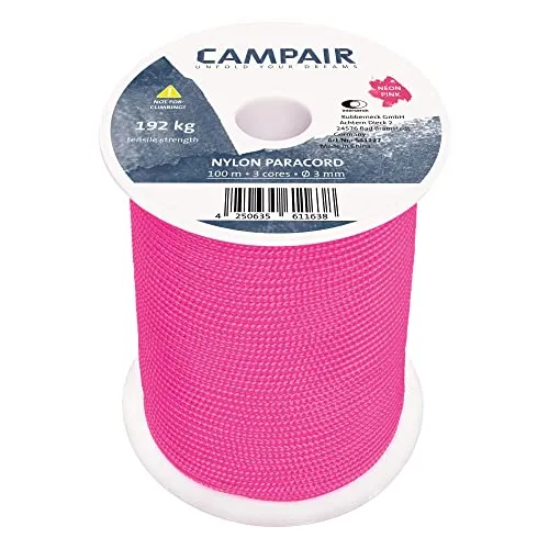 CampAir 100m Paracord Seil aus reißfestem Nylon 425 Type II 3mm Max. 192 kg, Neon Pink