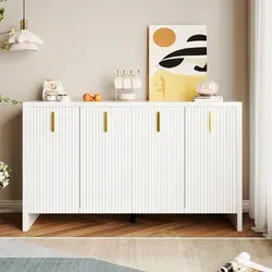 Sideboard Aus Spanplatte Weiß 140 X 38 X 80 Cm Mit 4 Türen, Verstellbarem Einlegeboden Und Goldenen Griffen