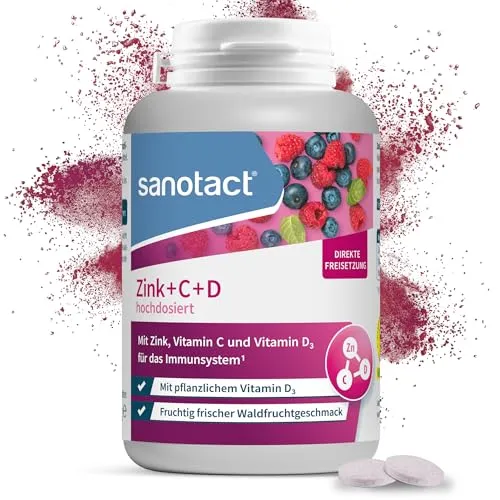 sanotact Zink+C+D hochdosiert | Zink Vitamin C und D Lutschtabletten | Waldfruchtgeschmack | Immunsystem | 150 vegan Zink Lutschtabletten