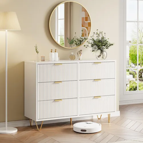 Moderne Kommode mit 6 Schubladen aus Holz und Rattan, multifunktionales Aufbewahrungsmöbel für Schlafzimmer, Wohnzimmer, Flur, elegantes und kompaktes Design
