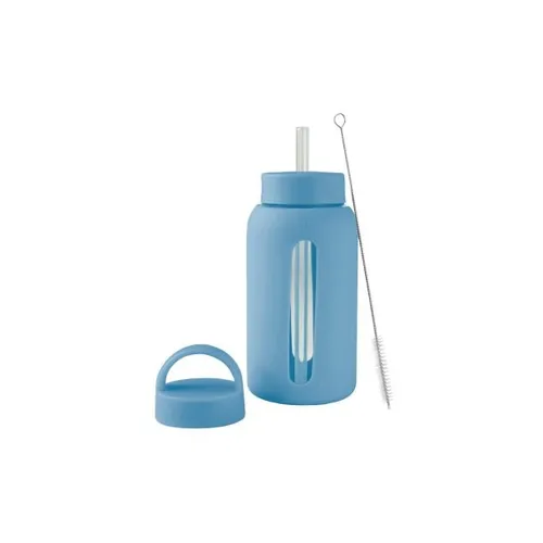 Trinkflasche 650 ml Borosilikatglas Glasflasche mit Trinkhalm Bürste blau