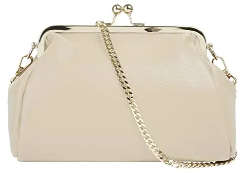 Cluty Abendtasche aus echtem Leder, Made in Italy - Beige - Elegante Abendtasche aus echtem Leder, gefertigt in Italien. Mit abnehmbarem Schulterriemen, ideal für besondere Anlässe.