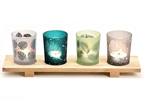 5tlg. Deko-Set Windlichter im Blatt Dekor aus Glas mit Tablett aus Holz – Teelichthalter für Tisch, Fensterbank, Wohnzimmer – Moderne Deko für Zuhause & Geschenkidee (Bunt) B30cm x H10cm x T8cm