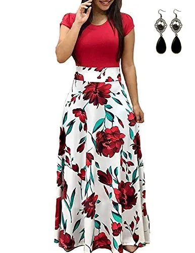 UUAISSO Sommerkleid Damen Lang mit Blüte Drucken Lang High Waist Elastische Strandkleider Maxikleider D-rot-Kurzarm S