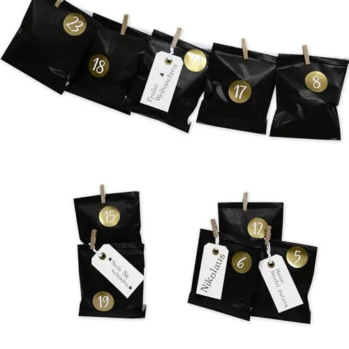 Frau WUNDERVoll® DIY Adventskalender zum Befüllen Bescherung, schwarze Papiertüten 13x16,5cm, Ziffern gold metallic/Weihnachten Aufkleber Advent Kalender Kinder Geschenkbeutel