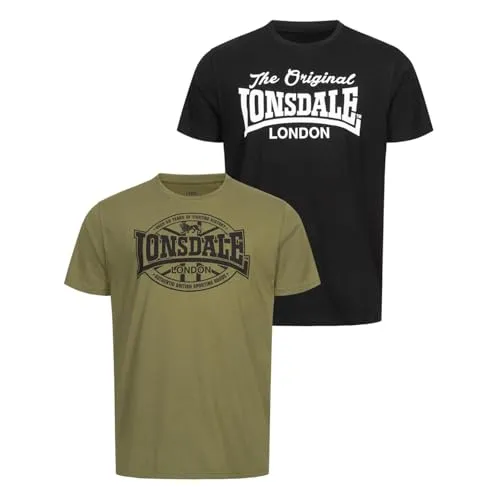 Lonsdale Herren T-Shirt MORHAM Doppelpack in Schwarz/Olive - Praktisches Doppelpack mit zwei regulär geschnittenen T-Shirts aus reiner Baumwolle. Klassischer Rundhalsausschnitt und unterschiedliche Drucke sorgen für Abwechslung im Alltag.