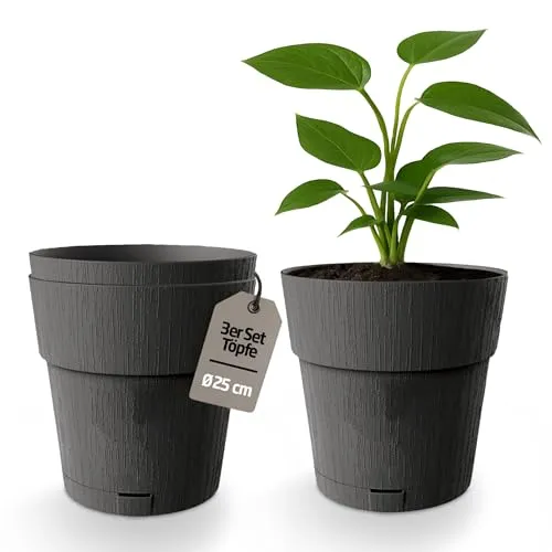 Kigima Blumentopf Pflanzentopf Blumenkübel 3er-Pack Selbstbewässerung Wasserspeicher 100% recycelter Kunststoff rund 25 cm anthrazit
