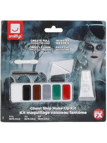 Smiffys Geisterschiff Make-up-Kit, Grüne, weiße, braune, graue und rote Fettfarbe, Schwarzer Fettstift, Pinsel und 2 Schwämme Halloween