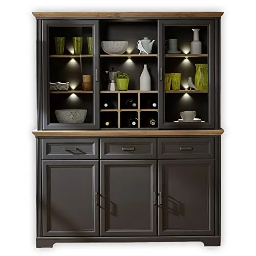 Stella Trading JASMIN Buffetschrank in Artisan Eiche Optik - Buffetschrank im Landhausstil mit LED-Beleuchtung für eine gemütliche Atmosphäre und viel Stauraum für Dekoration und Weinflaschen, Maße: 166 x 205 x 48 cm.