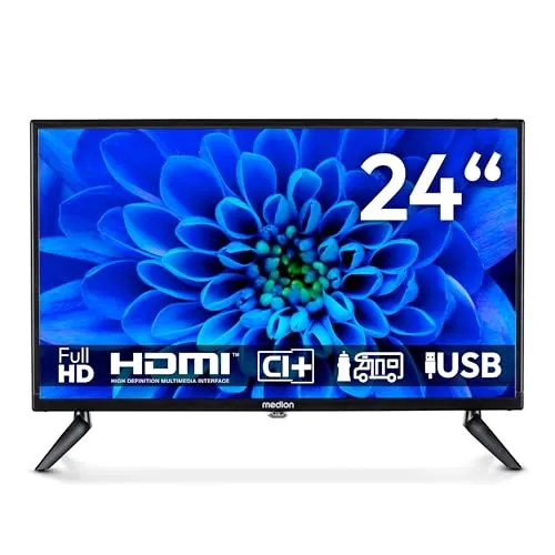 MEDION 24 Zoll Full HD Fernseher - Vielseitiger Fernseher für Camping und Garten mit 12V KFZ Car-Adapter, Triple Tuner für Kabel, Satellit und DVB-T2 HD, ideal für scharfe Bilder und Multimedia-Anwendungen.