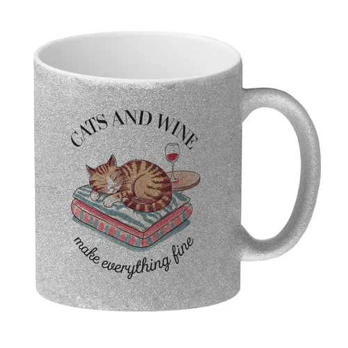 Katzen & Wein Glitzer-Kaffeebecher für Katzen- und Weinliebhaber