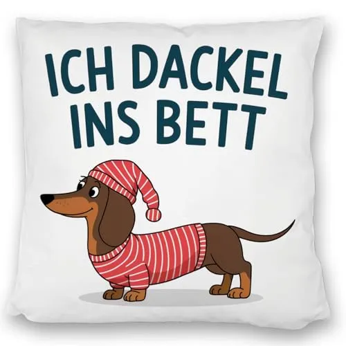 speecheese Dackel im Hemd - Ich dackel ins Bett Kissen satiniert Lustige Illustration des Dackels im roten gestreiften Hemd und Schlafmütze Humor Gemütlichkeit pur