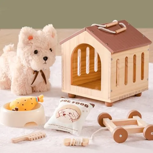 ROBOTIME Nachzieh-Hundespielzeug mit abnehmbaren Rädern, Kuscheliger Hund mit Holz-Hundehütte, Futternapf, Plüsch-Hähnchenschenkel, Holzkamm – Interaktives Rollenspiel-Set für Kleinkinder ab 2 Jahren