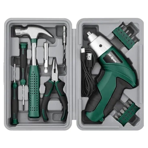 Hi-Spec Grünes Kleiner Werkzeugset mit USB 3.6V Akkuschrauber. | 19-tlg. Werkzeugsatz mit elektrischem Schraubendreher, Bit set, Hammer, Zange und mehr alles in einem kleinen Werkzeugkoffer