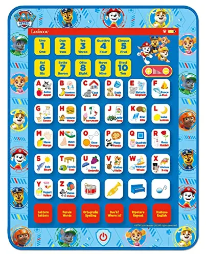 Lexibook, Paw Patrol Lerntablett, zweisprachig, interaktiv, Spielzeug zum Lernen, Buchstaben, Alphabet, Nummern, Wörter, Rechtschreibung und Musik, Englisch/Italienisch, Blau, JCPAD002PAi5
