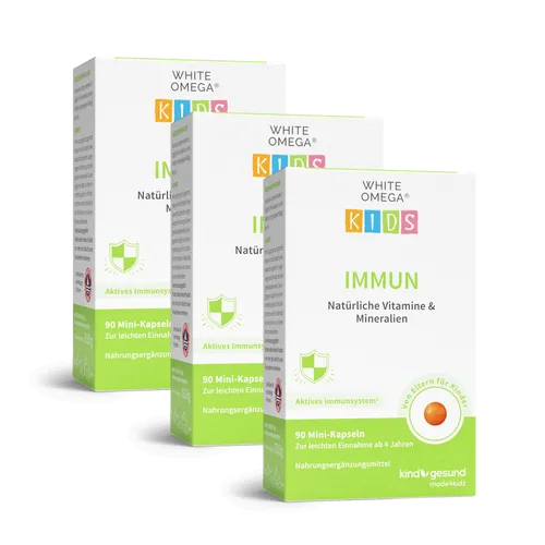 WHITE OMEGA® Kids Immun - Vitamine für Kinder - Mini-Kapseln mit Vitamin C, D3, Zink und Selen für die kindgerechte Unterstützung der täglichen Ernährung. Mit hochwertigem Omega-3 aus Wildfang-Fischöl und Beta-Glucan für eine ausgewogene Nährstoffversorgung.