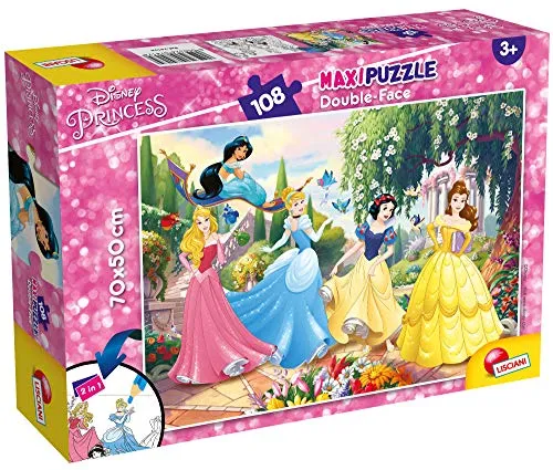 Liscianigiochi 74174 Disney Puzzle 2 in 1 Doppelseitig Supermaxi ( 50 x 70 cm ) 108 Stück Prinzessinnen Aschenputtel, Schneewittchen, Rapunzel, Belle, Ariel die kleine Meerjungfrau, Dornröschen
