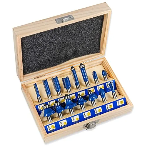S&R Fräser-Set 15-tlg, Schaft 8mm - Bohrer für professionelle Holzbearbeitung, hochwertiges Set mit Hartmetallschneiden in robuster Holzbox für präzise Ergebnisse.