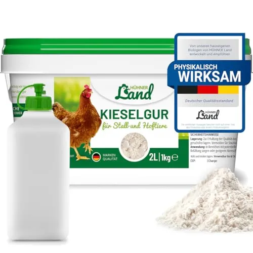 HÜHNER Land Kieselgur für Hühner 1kg INKLUSIVE Stäubeflasche - Reines Kieselgur Hühner Pulver, Kieselerde Pulver, Naturprodukt für Hühnerstall, Laborgeprüft für Geflügel Betriebe