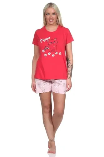 Damen Shorty Pyjama, niedlicher Schlafanzug mit Katzen-Motiv - 122 205 10 751, Farbe:pink, Größe:48-50