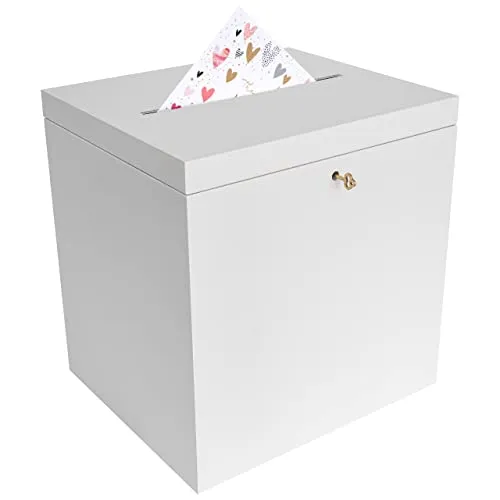 Creative Deco Dekokiste Hochzeit - Geschenkkarten Box mit Schloss - Kisten für Hochzeiten: Elegante weiße Kartenbox mit Deckel, Schloss und Schlüssel, ideal für Geschenkkarten und Geldgeschenke.